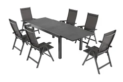 Sale BasicPlus Garten-Essgruppe, anthrazit/schwarz, Alu/Textilene/Spraystone-Glas, Tisch 160/260 x 100 cm, 6 Klappstühle Garten-Essgruppen
