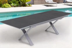 Sale BasicPlus Garten-Essgruppe, silber / anthrazit, Alu / Spraystone / Textil, Tisch 180/280x100cm, 6 Klappstühle Garten-Essgruppen