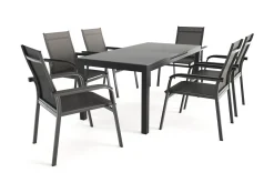 Outlet BasicPlus Premium Garten-Essgruppe, anthrazit, Alu/Spraystone, Tisch 180/240x90 cm, 6 Stapelsessel Garten-Essgruppen|Aluminium-Gartenmöbel