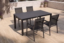 Discount BasicPlus Premium Garten-Essgruppe, anthrazit, Alu/Spraystone, Tisch 160x95 cm, 4 Stapelsessel Garten-Essgruppen|Aluminium-Gartenmöbel