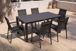 Outlet BasicPlus Premium Garten-Essgruppe, anthrazit, Alu/Spraystone, Tisch 160x95 cm, 6 Stapelsessel Garten-Essgruppen