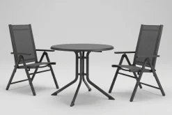 New BasicPlus Pro Balkon-Set, anthrazit, Aluminium/KETTALUX/Textilene, Tisch Ø 70 cm, 2 Klappstühle, schmutzabweisend Balkonmöbel-Set