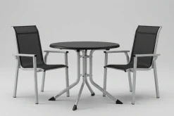 Best BasicPlus Pro Balkon-Set, silber/anthrazit, Aluminium/Textilene/KETTALUX, Tisch Ø 70 cm, klappbar, 2 Stapelsessel Balkonmöbel-Set|Aluminium-Gartenmöbel