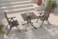 Discount BasicPlus Pro Balkon-Set, anthrazit, Alu/Textilene, Tischplatte klappbar 80 x 80 cm, 2 Klappstühle, geeignet für Balkone Garten-Essgruppen