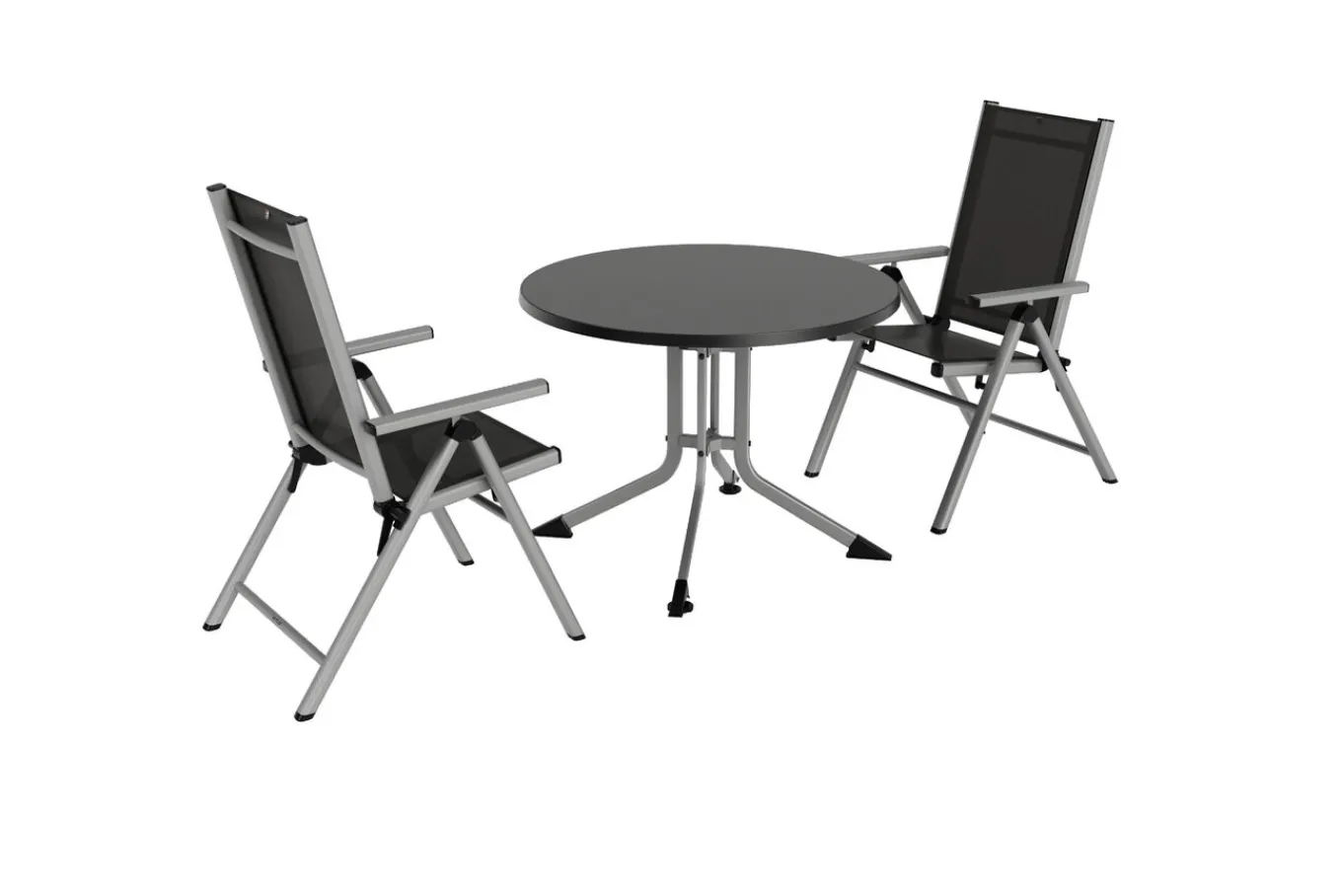 Sale BasicPlus Pro Balkon-Set, silber/anthrazit, Alu/Textilene, Tisch Ø100 cm, 2 Klappstühle Garten-Essgruppen