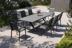 Discount BasicPlus Pro Garten-Essgruppe, anthrazit, Alu/Textilene/Spraystone, Tisch 180/280 x 100 cm, 8 Stapelsessel Garten-Essgruppen