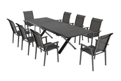 Discount BasicPlus Pro Garten-Essgruppe, anthrazit, Alu/Textilene/Spraystone, Tisch 180/280 x 100 cm, 8 Stapelsessel Garten-Essgruppen
