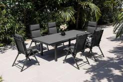 New BasicPlus Pro Garten-Essgruppe, anthrazit, Alu/Textilene/Glas, Tisch ausziehbar 180/240 cm, 6 Klappstühle inkl. Auflagen Garten-Essgruppen
