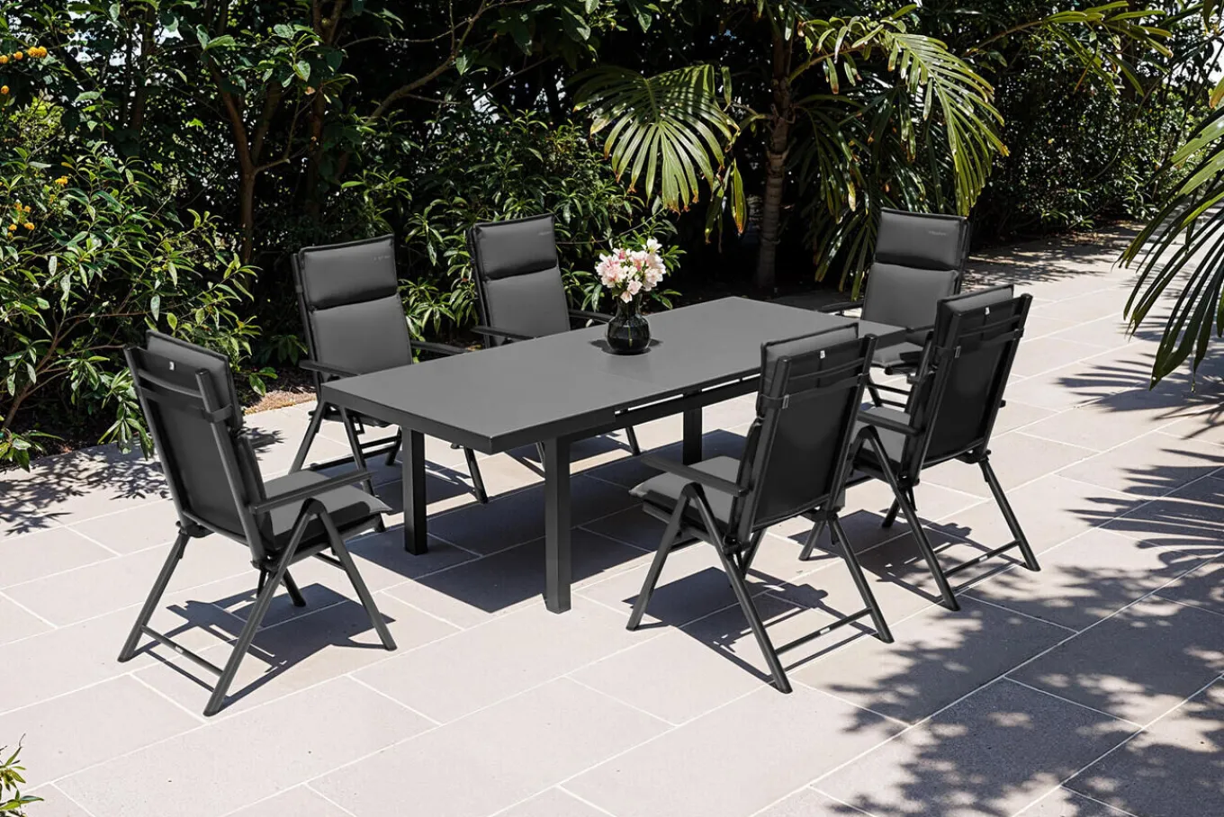 New BasicPlus Pro Garten-Essgruppe, anthrazit, Alu/Textilene/Glas, Tisch ausziehbar 180/240 cm, 6 Klappstühle inkl. Auflagen Garten-Essgruppen