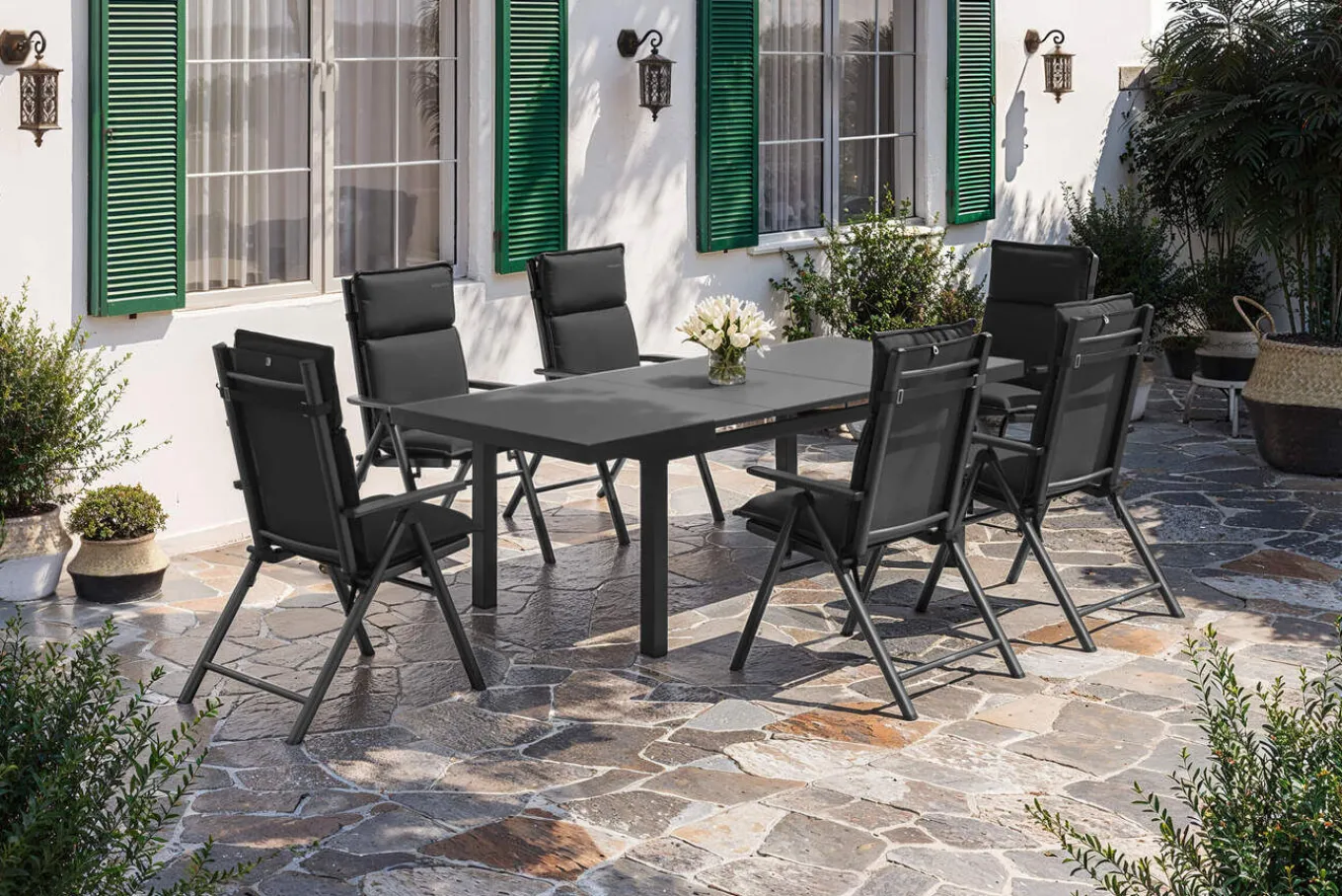 New BasicPlus Pro Garten-Essgruppe, anthrazit, Alu/Textilene/Glas, Tisch ausziehbar 180/240 cm, 6 Klappstühle inkl. Auflagen Garten-Essgruppen