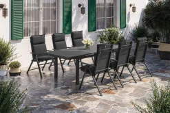 New BasicPlus Pro Garten-Essgruppe, anthrazit, Alu/Textilene/Glas, Tisch ausziehbar 180/240 cm, 6 Klappstühle inkl. Auflagen Garten-Essgruppen
