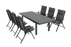 New BasicPlus Pro Garten-Essgruppe, anthrazit, Alu/Textilene/Glas, Tisch ausziehbar 180/240 cm, 6 Klappstühle inkl. Auflagen Garten-Essgruppen