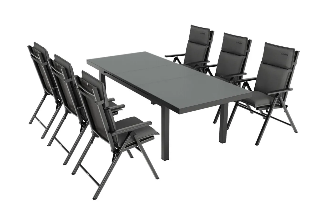 New BasicPlus Pro Garten-Essgruppe, anthrazit, Alu/Textilene/Glas, Tisch ausziehbar 180/240 cm, 6 Klappstühle inkl. Auflagen Garten-Essgruppen