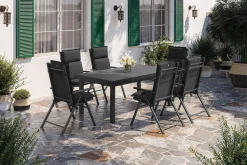 New BasicPlus Pro Garten-Essgruppe, anthrazit, Alu/Textilene/Glas, Tisch ausziehbar 180/240 cm, 6 Klappstühle inkl. Auflagen Garten-Essgruppen