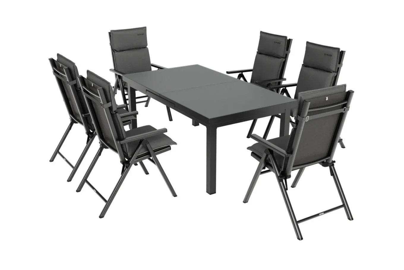 New BasicPlus Pro Garten-Essgruppe, anthrazit, Alu/Textilene/Glas, Tisch ausziehbar 180/240 cm, 6 Klappstühle inkl. Auflagen Garten-Essgruppen