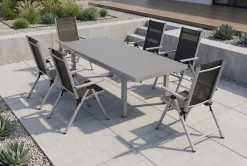 Discount BasicPlus Pro Garten-Essgruppe, 6 Personen, ausziehbarer Tisch 180–240 cm, Aluminium/Textilene, Exklusivmodell Garten-Essgruppen