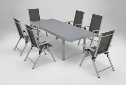 Discount BasicPlus Pro Garten-Essgruppe, 6 Personen, ausziehbarer Tisch 180–240 cm, Aluminium/Textilene, Exklusivmodell Garten-Essgruppen