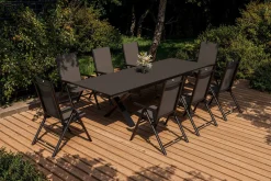 Discount BasicPlus Pro Garten-Essgruppe, anthrazit, Alu/Textilene/Spraystone, Tisch ausziehbar 180/280 cm, 8 Klappstühle Garten-Essgruppen
