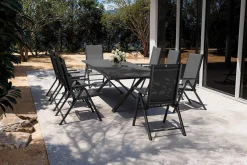 Discount BasicPlus Pro Garten-Essgruppe, anthrazit, Alu/Textilene/Spraystone, Tisch ausziehbar 180/280 cm, 8 Klappstühle Garten-Essgruppen