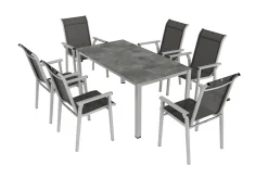 Sale BasicPlus Pro Garten-Essgruppe, silber/anthrazit, Alu/Textilene, Tisch 160 x 90 cm, 6 Stapelsessel Garten-Essgruppen