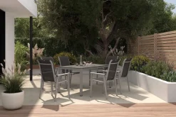 Sale BasicPlus Pro Garten-Essgruppe, silber/anthrazit, Alu/Textilene, Tisch 160 x 90 cm, 6 Stapelsessel Garten-Essgruppen