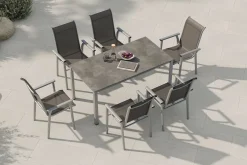 Sale BasicPlus Pro Garten-Essgruppe, silber/anthrazit, Alu/Textilene, Tisch 160 x 90 cm, 6 Stapelsessel Garten-Essgruppen