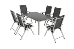 New BasicPlus Pro Garten-Essgruppe, silber/anthrazit, Alu/Textilene, Tisch 160 x 95 cm, 6 Klappstühle Garten-Essgruppen
