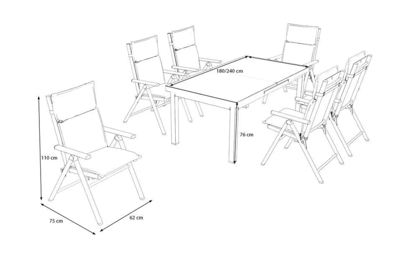 New BasicPlus Pro Garten-Essgruppe, anthrazit/natur, Alu/Textilene/Glas, Tisch ausziehbar 180/240 cm, 6 Klappstühle inkl. Auflagen Garten-Essgruppen