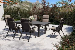 New BasicPlus Pro Garten-Essgruppe, anthrazit/natur, Alu/Textilene/Glas, Tisch ausziehbar 180/240 cm, 6 Klappstühle inkl. Auflagen Garten-Essgruppen
