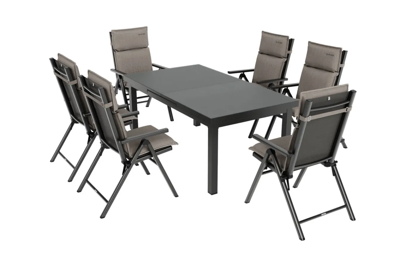 New BasicPlus Pro Garten-Essgruppe, anthrazit/natur, Alu/Textilene/Glas, Tisch ausziehbar 180/240 cm, 6 Klappstühle inkl. Auflagen Garten-Essgruppen