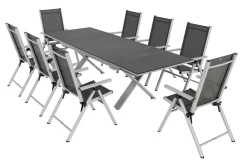 Clearance BasicPlus Pro Garten-Essgruppe, silber/anthrazit, Alu/Textilene, Spraystone-Tischplatte 180/280 x 100 cm, 8 Klappstühle Garten-Essgruppen