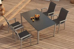 Outlet BasicPlus Pro Garten-Essgruppe, silber/anthrazit, Alu/Textilene, Tisch 160 x 95 cm, 4 Stapelstühle Garten-Essgruppen