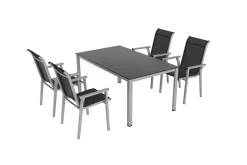 Outlet BasicPlus Pro Garten-Essgruppe, silber/anthrazit, Alu/Textilene, Tisch 160 x 95 cm, 4 Stapelstühle Garten-Essgruppen