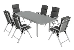 Best BasicPlus Pro Garten-Essgruppe, silber/anthrazit, Alu/Textilene, 180/240 x 100 cm, 6 Klappstühle inkl. 6 Auflagen Garten-Essgruppen