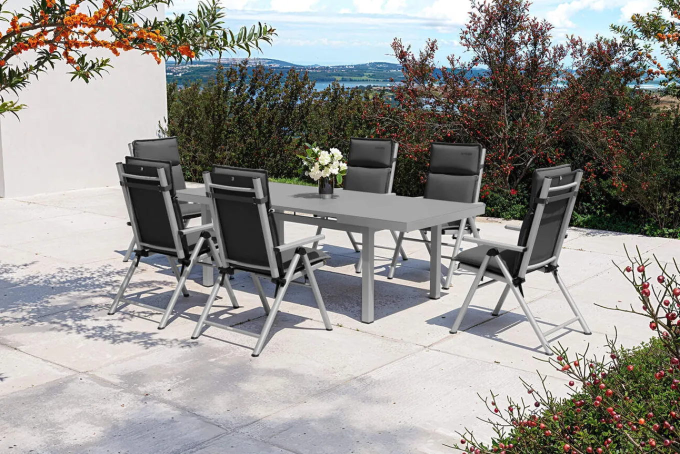 Best BasicPlus Pro Garten-Essgruppe, silber/anthrazit, Alu/Textilene, 180/240 x 100 cm, 6 Klappstühle inkl. 6 Auflagen Garten-Essgruppen