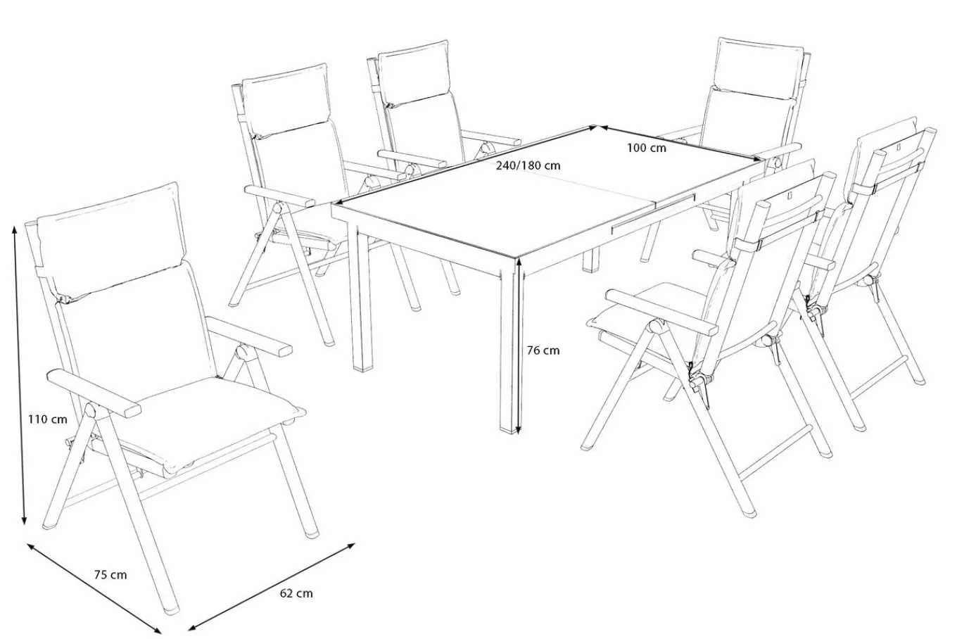 Best BasicPlus Pro Garten-Essgruppe, silber/anthrazit, Alu/Textilene, 180/240 x 100 cm, 6 Klappstühle inkl. 6 Auflagen Garten-Essgruppen