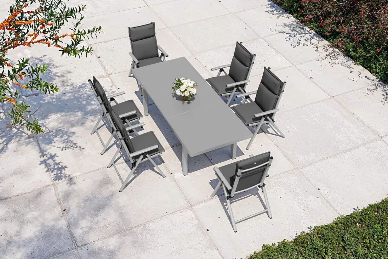 Best BasicPlus Pro Garten-Essgruppe, silber/anthrazit, Alu/Textilene, 180/240 x 100 cm, 6 Klappstühle inkl. 6 Auflagen Garten-Essgruppen
