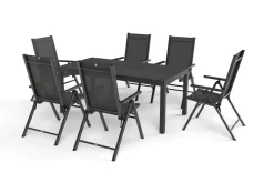 Discount BasicPlus Pro Garten-Essgruppe, anthrazit, Alu/Textilene/Spraystone, ausziehbare Tischplatte 180/240 x 100 cm, 6 Klappstühle Garten-Essgruppen