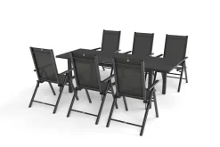 Discount BasicPlus Pro Garten-Essgruppe, anthrazit, Alu/Textilene/Spraystone, ausziehbare Tischplatte 180/240 x 100 cm, 6 Klappstühle Garten-Essgruppen