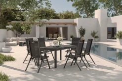 Discount BasicPlus Pro Garten-Essgruppe, anthrazit, Alu/Textilene/Spraystone, ausziehbare Tischplatte 180/240 x 100 cm, 6 Klappstühle Garten-Essgruppen