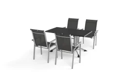 Outlet BasicPlus Pro Garten-Essgruppe, silber/anthrazit, Alu/Textilene, Klapptisch 140 x 95 cm, 4 Stapelsessel Garten-Essgruppen