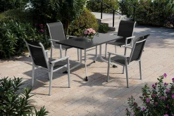 Outlet BasicPlus Pro Garten-Essgruppe, silber/anthrazit, Alu/Textilene, Klapptisch 140 x 95 cm, 4 Stapelsessel Garten-Essgruppen
