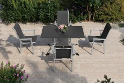 Outlet BasicPlus Pro Garten-Essgruppe, silber/anthrazit, Alu/Textilene, Klapptisch 140 x 95 cm, 4 Stapelsessel Garten-Essgruppen