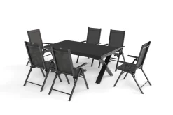 Discount BasicPlus Pro Garten-Essgruppe, anthrazit, Alu/Textilene, Tisch ausziehbar 180/280 x 100 cm, 6 Klappstühle Garten-Essgruppen