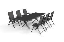 Discount BasicPlus Pro Garten-Essgruppe, anthrazit, Alu/Textilene, Tisch ausziehbar 180/280 x 100 cm, 6 Klappstühle Garten-Essgruppen
