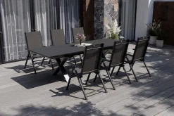 Discount BasicPlus Pro Garten-Essgruppe, anthrazit, Alu/Textilene, Tisch ausziehbar 180/280 x 100 cm, 6 Klappstühle Garten-Essgruppen