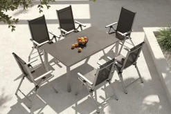 Discount BasicPlus Pro Garten-Essgruppe, silber/anthrazit, Alu/Textilene, Tischplatte 160 x 95 cm, 6 Klappstühle Garten-Essgruppen