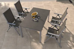 Hot BasicPlus Pro Garten-Essgruppe, silber/anthrazit, Alu/Textilene/Sicherheitsglas, 160 x 95 cm, 4 Klappstühle Garten-Essgruppen