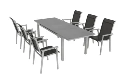 Discount BasicPlus Pro Garten-Essgruppe, silber/anthrazit, Alu/Textilene, ausziehbarer Tisch 180/240 x 100 cm, 6 Stapelsessel Garten-Essgruppen