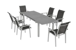 Discount BasicPlus Pro Garten-Essgruppe, silber/anthrazit, Alu/Textilene, ausziehbarer Tisch 180/240 x 100 cm, 6 Stapelsessel Garten-Essgruppen